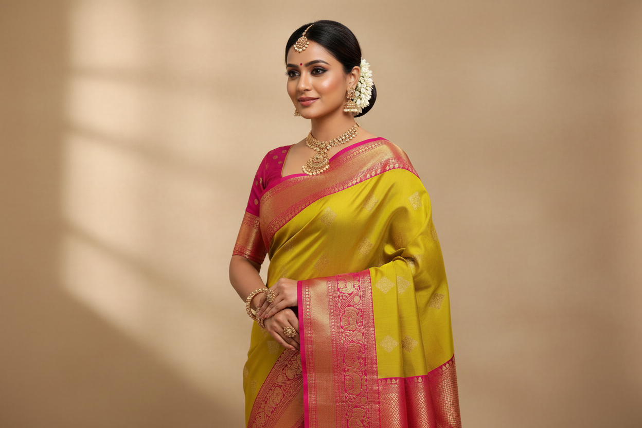 Woman wearing lime yellow green saree with magenta pink heavy gold elephant zari border
