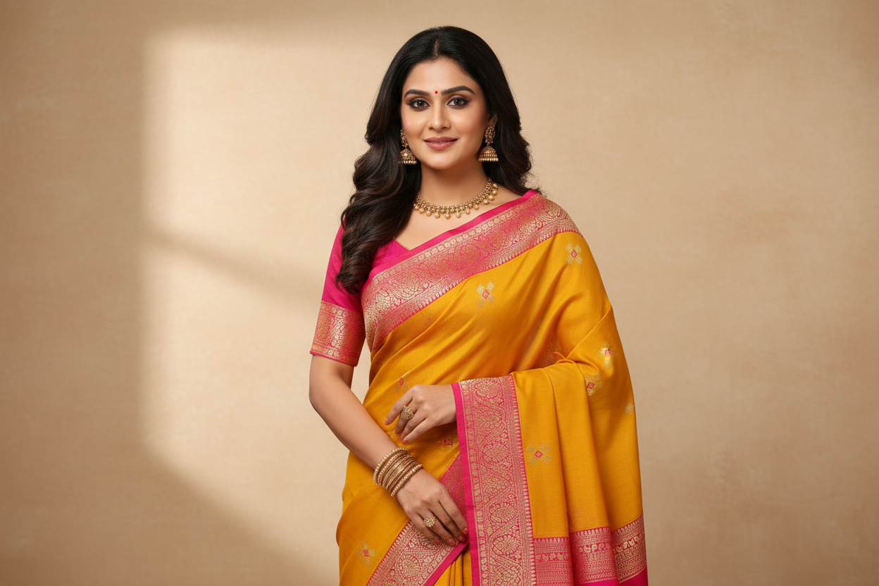 Woman wearing mustard yellow saree with pink gold zari border