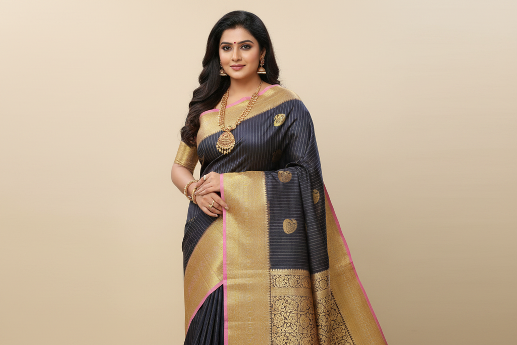 Woman wearing navy black pinstripe saree with gold swan motifs and heavy gold zari pallu