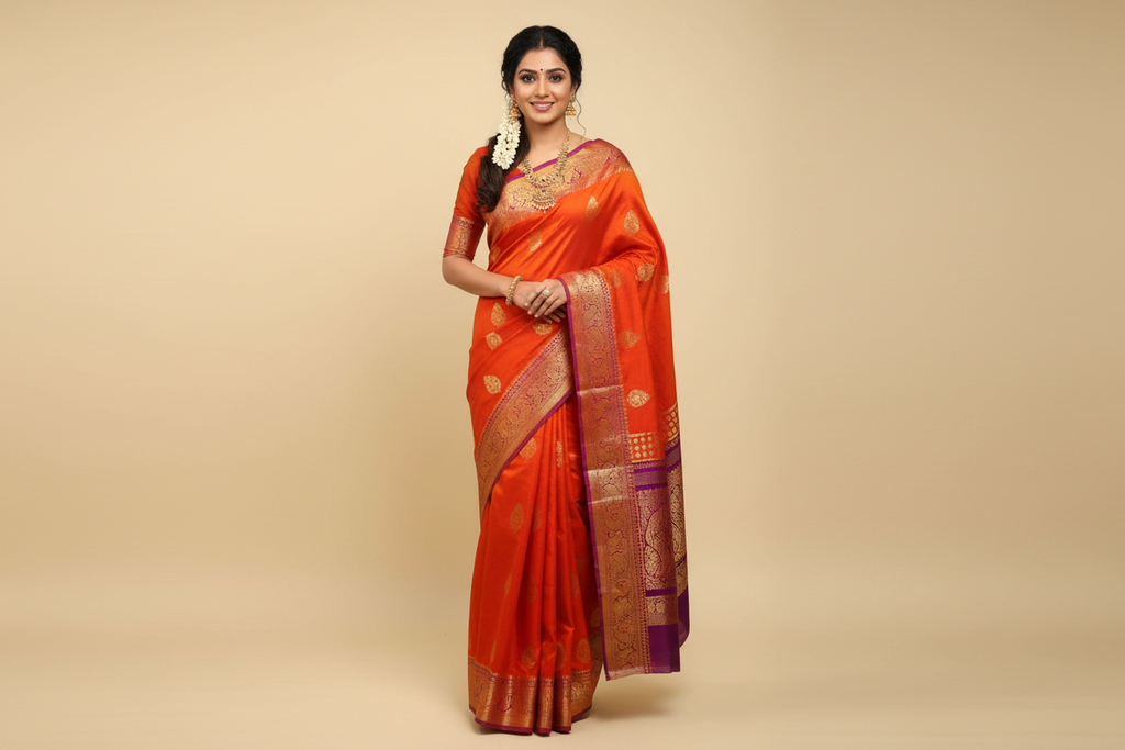 Woman wearing orange red saree with purple gold zari border