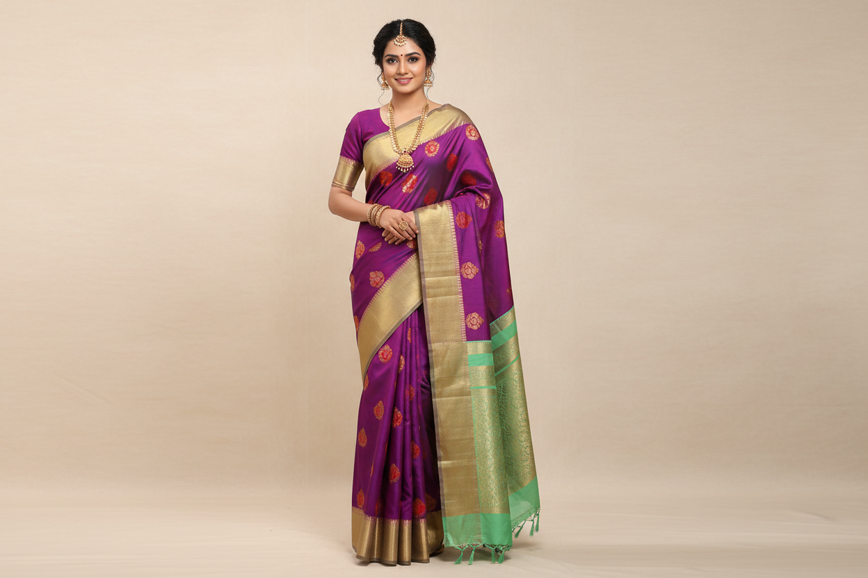 Woman wearing purple silk saree with mint green gold zari border