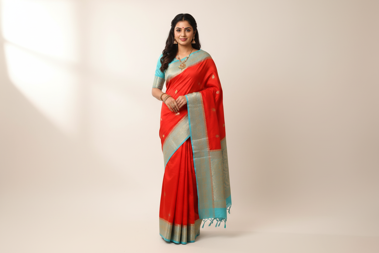 Woman wearing red saree with blue gold border