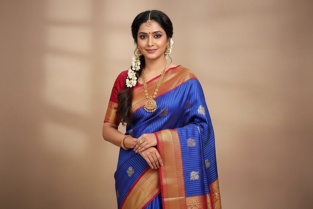 Woman wearing royal blue saree with red gold zari border