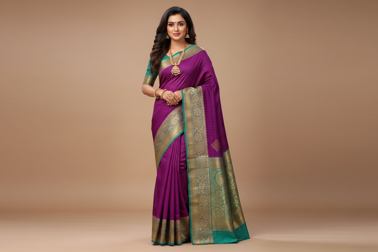 Woman wearing violet purple pinstripe saree with teal green heavy gold zari border