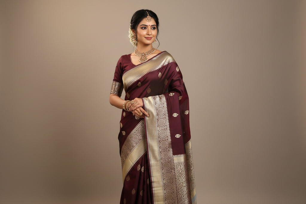 Woman wearing wine maroon saree with silver grey gold zari border
