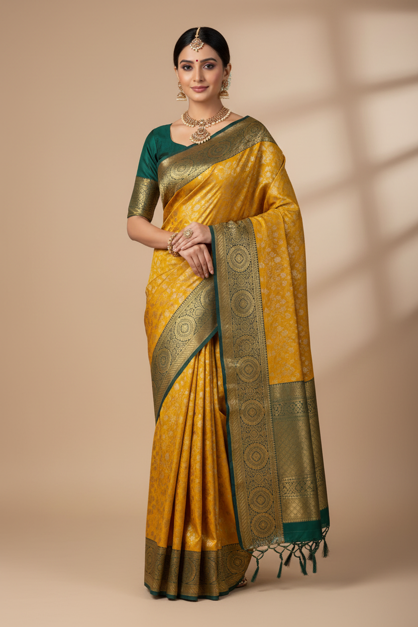 Yellow Banarasi Silk Saree on Model