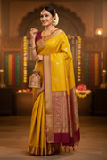 Yellow & Wine Mysore Silk Saree - Ad Model Shot